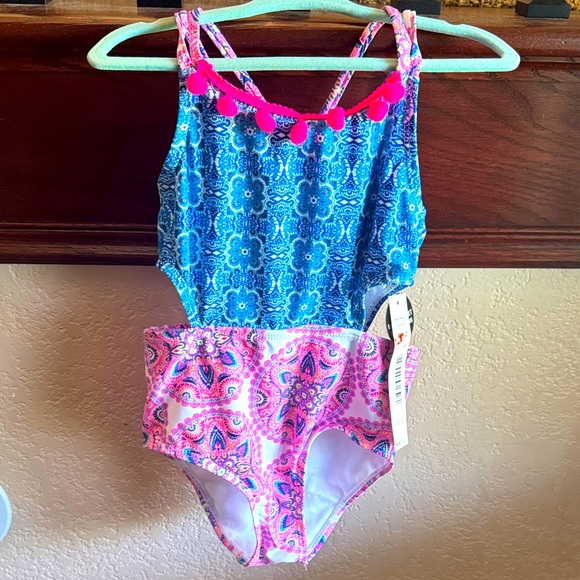 Nicole Miller Kids Girls Size 4 Swimwear with Blue and Pink Boho Beach Patterns - Picture 1 of 6